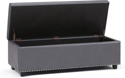 SIMPLIHOME Hamilton 48 inch Wide Transitional Rectangle Storage Ottoman in Stone Grey Vegan Faux Leather, Assembled, For the Living Room, Entryway and Family Room