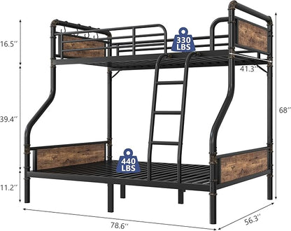 Metal Bunk Bed Twin Over Full, Industrial Bunkbeds Heavy Duty Bed with Safety Guard Rails and Space-Saving Design, Steel Bed for School, Bedroom (Vintage Brown)