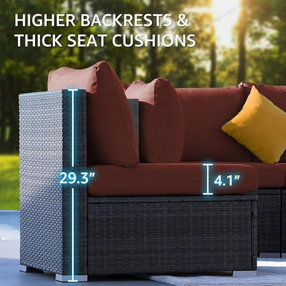 NICESOUL 9 Piece Plus Size Outdoor Patio Conversation Set with Firepit Natural Gas/Propane, 29.3'' High Back Modular Sectional Sofa Sets, Heavy Duty Backyard Furniture, 2 Color Cushion Red & Grey