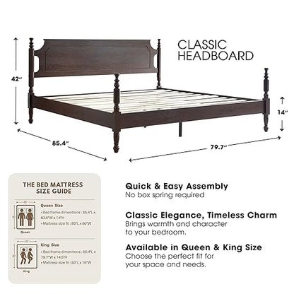 King Size Solid Wood Platform Bed Frame with Headboard & Footboard, 12 Strong Slats Base, Central Metal Legs, No Box Spring Needed, Easy Assembly, Anti-Noise & Slip-Free, Dark Roast Oak Finish, ROK-32