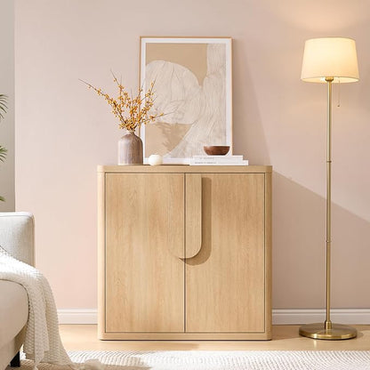 34.5'' Sideboard Buffet Cabinet W/Storage, Modern Accent Cabinets W/Curved Handles & Adjustable Shelves, 2 Doors Coffee Bar Buffet Table Credenza for Living Room Kitchen Hallway, Natural