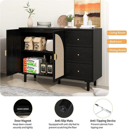 Black Sideboard Cabinet with 2 Rattan Doors and 3 Drawers, Rattan Buffet Cabinet with Adjustable Shelves & Pine Legs, Boho Sideboard Buffet for Living Room, Kitchen, Entryway, Black