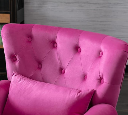 Mid Century Modern Accent Chair Upholstered Armchair Comfy Velvet Fabric Single Sofa with Tufted Wingback for Small Spaces Bedroom Living Room, Hot Pink