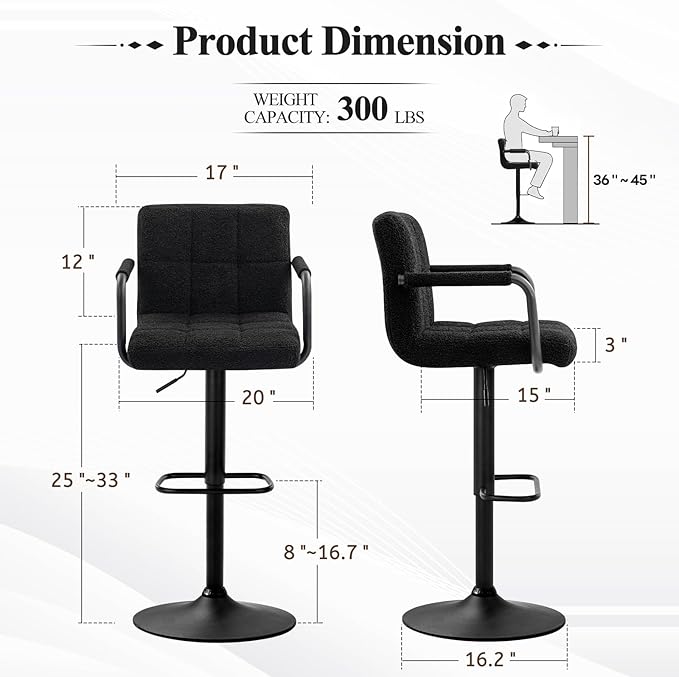 Furniliving Swivel Bar Stools Set of 4, Adjustable Kitchen Counter Height BarStools with Arms, Sherp Upholstered Bar Chair with Back and Footrest for Dining Room, Kitchen, Pub, Bar (Black)