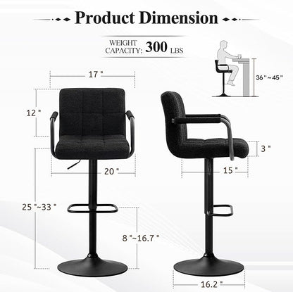 Furniliving Swivel Bar Stools Set of 4, Adjustable Kitchen Counter Height BarStools with Arms, Sherp Upholstered Bar Chair with Back and Footrest for Dining Room, Kitchen, Pub, Bar (Black)