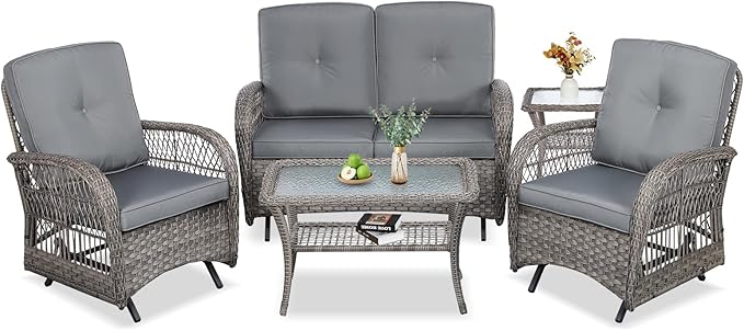 VIVIJASON 5-Piece Outdoor Patio Wicker Conversation Sets, All Weather Outdoor Rattan Furniture Set Includes Glider Loveseat, 2 Coffee Table, 2 Glider Rocker Chairs with Cushions, Grey
