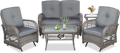 VIVIJASON 5-Piece Outdoor Patio Wicker Conversation Sets, All Weather Outdoor Rattan Furniture Set Includes Glider Loveseat, 2 Coffee Table, 2 Glider Rocker Chairs with Cushions, Grey