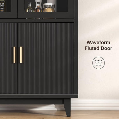 Arched Cabinet with Glass Doors, Fluted Tall Pantry with Solid Wood Legs, 71" Modern Accent Cabinet for Living Room, Kitchen, Dining Room, Entryway, Black