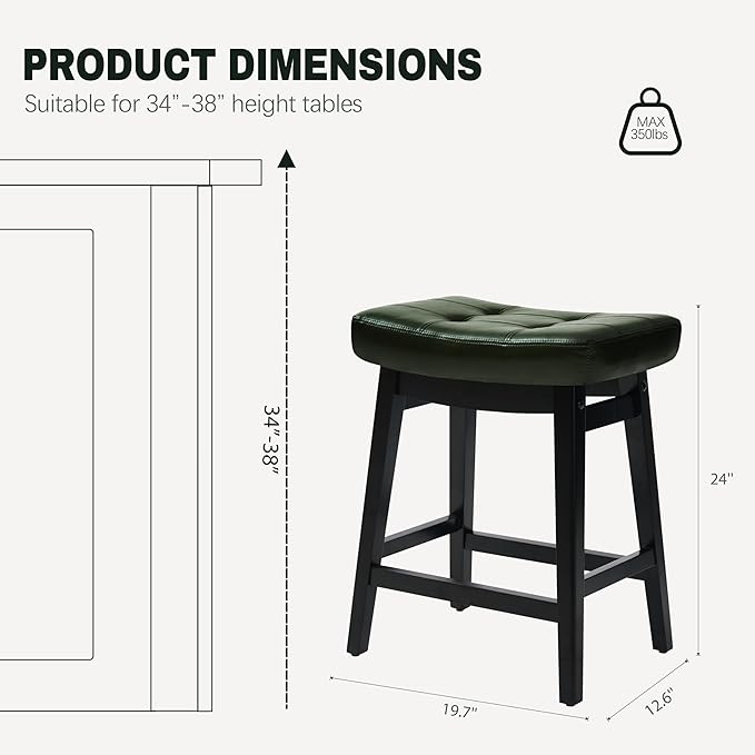 Counter Height Bar Stools Set of 6 for Kitchen Counter Farmhouse Modern Barstools with Faux Leather Upholstered Backless Seat and Solid Wood Legs 24 inch Bar Chairs, Green + Black