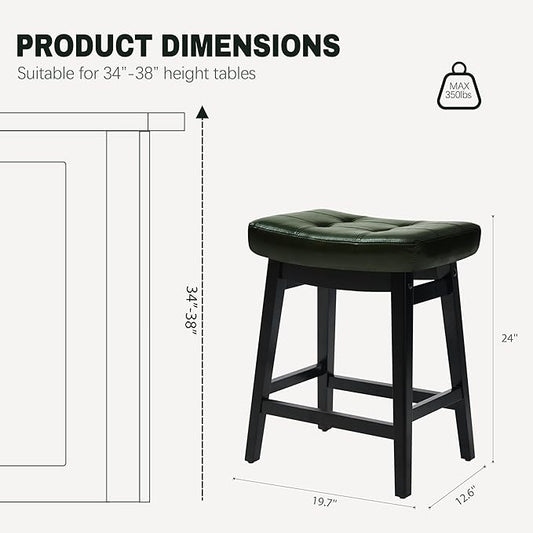 Counter Height Bar Stools Set of 2 for Kitchen Counter Farmhouse Modern Barstools with Faux Leather Upholstered Backless Seat and Solid Wood Legs 24 inch Bar Chairs, Green + Black