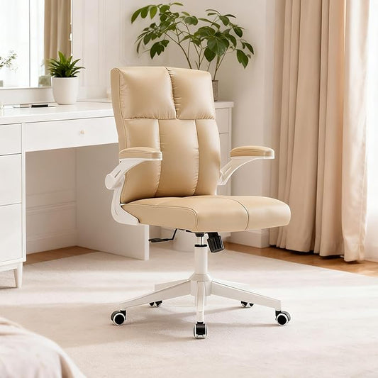 Ergonomic Desk Chair with Space Saving Flip-Up Arms, 360° Swivel & Reclining Back, High-Back Executive Chair in Soft Faux Leather for Office&Study (Khaki)