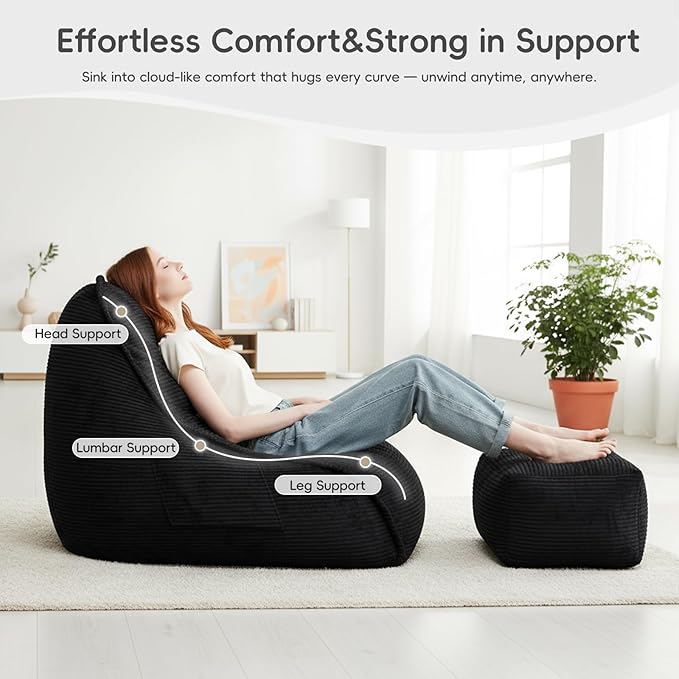 Cloud Bean Bag Chair with Ottoman for Adults, Comfy Corduroy Chaise Lounge Chair with High-Resilience Foam, Oversized Boneless Reading Chair for Bedroom & Living Room (Charcoal)