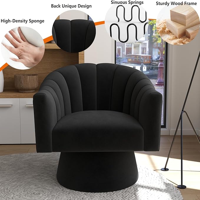 Swivel Accent Chair Set of 2, Upholstered Velvet 360° Swivel Barrel Chair for Living Room Overstuffed Bouncle Reading Chair Round Armchair for Bedroom,Vanity,Office (Black)