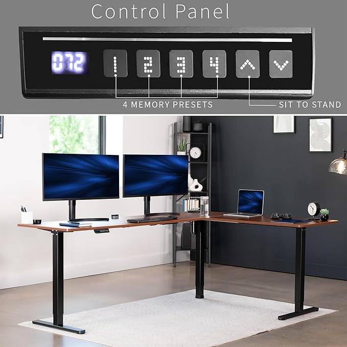 VIVO Corner Standing Desk, 84 x 63 inch Reversible L-Shaped Workstation, Electric Height Adjustment, Home, Office, and Reception Rooms, Dark Walnut Table Top Black Frame, DESK-E3CTBD-84