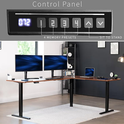 VIVO Corner Standing Desk, 84 x 63 inch Reversible L-Shaped Workstation, Electric Height Adjustment, Home, Office, and Reception Rooms, Dark Walnut Table Top Black Frame, DESK-E3CTBD-84