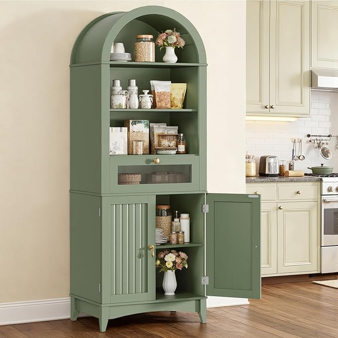 66" Tall Bathroom Storage Cabinet with Flip Drawer, Freestanding Storage Cabinet with Doors & Shelves,Arched Cabinets for Bathroom, Living Room, Kitchen, Laundry, Green