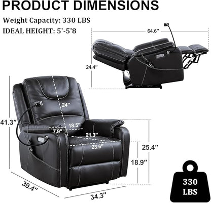 Zero Gravity Power Recliner Chairs for Adults 139°Single Sofa Chair Massage and Lumbar Heating with USB Port, Phone Holder, Side Pocket, Eco Leather(Black)