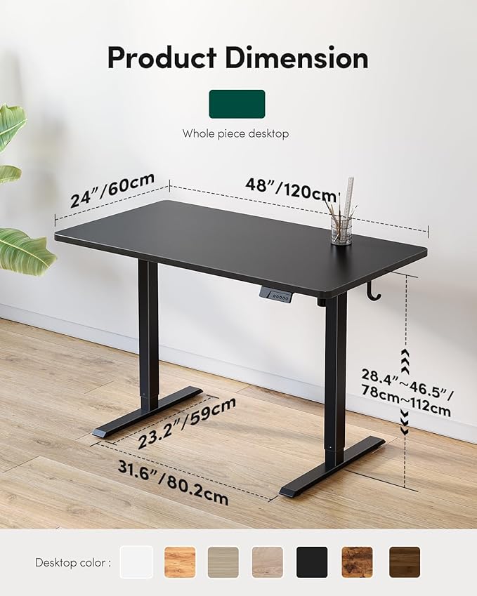 FEZIBO One-Piece Standing Desk Adjustable Height Stand up Home Office Desk, 48x24 Inch Electric Standing Computer Desk, with 4 Memory Presets, Headphone Hook, Black