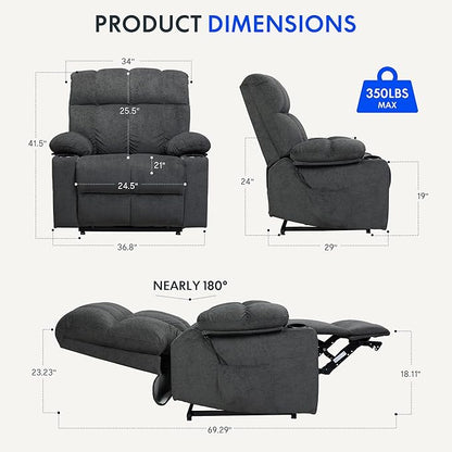 FLEXISPOT XL5 Dual OKIN Motor Power Lift Recliner Chair for Elderly, Lay Flat Electric Recliner with Massage & Heat, USB Ports, Fabric Reclining Sofa for Living Room Bedroom, Grey