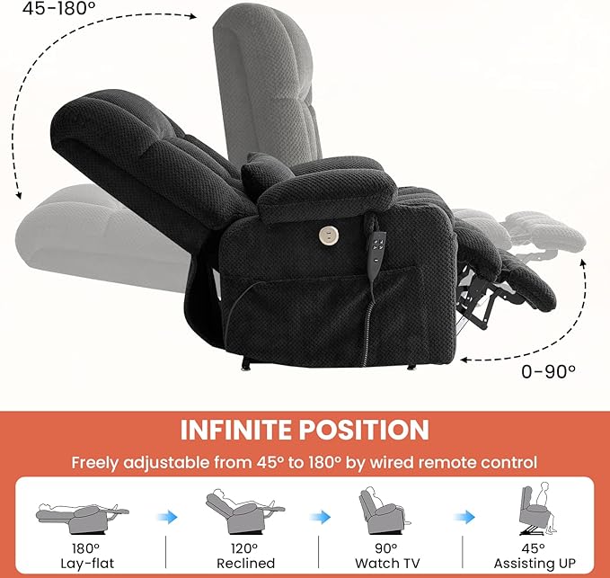 Power Lift Recliner Chair for Adults Oversized Infinite Position Lift Chair for Elderly W/Massage & Heat, Lay Flat Recliner, One-Touch Reset, Cup Holders, Lumbar Pillow, Fabric (Premium, Light Grey)