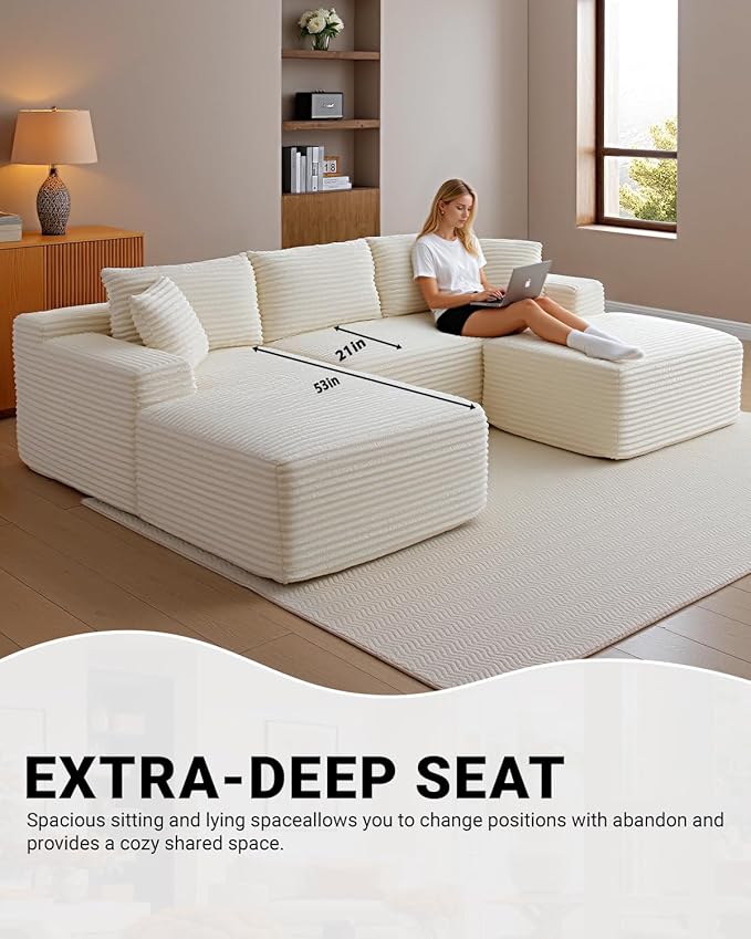 108 Inch Cloud Sectional Couch,Modern Modular Sectional Sofa with Deep Seat,Corduroy Boneless Couches with L-Shape Chaise for Living Room,No Assembly Required (Beige, Left Facing Chaise + Ottoman)
