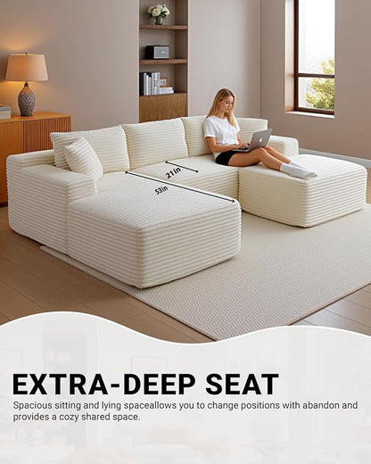 108 Inch Cloud Sectional Couch,Modern Modular Sectional Sofa with Deep Seat,Corduroy Boneless Couches with L-Shape Chaise for Living Room,No Assembly Required (Beige, Left Facing Chaise + Ottoman)