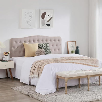 Upholstered Full Headboard, Button Diamond Tufted Headboard with Adjustable Height and Solid Wood Leg, Linen Fabric Padded Headboards for Full Size Bed, Mordern Head Board, Beige
