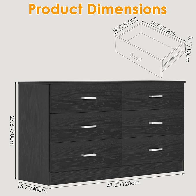 Bigbiglife Wood Dresser for Bedroom, 6 Drawer Double Dresser, Modern Chest of Drawers with Deep Drawers, Large Storage Organizer for Living Room, Closet (Black)