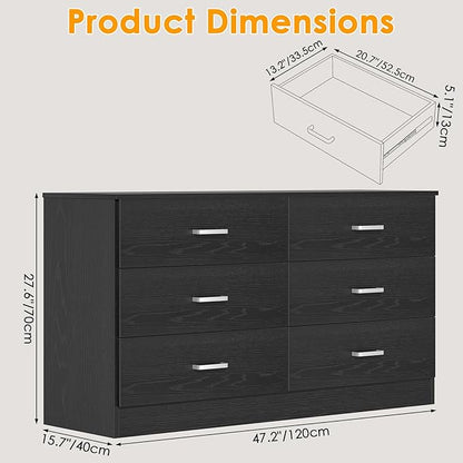 Bigbiglife Wood Dresser for Bedroom, 6 Drawer Double Dresser, Modern Chest of Drawers with Deep Drawers, Large Storage Organizer for Living Room, Closet (Black)
