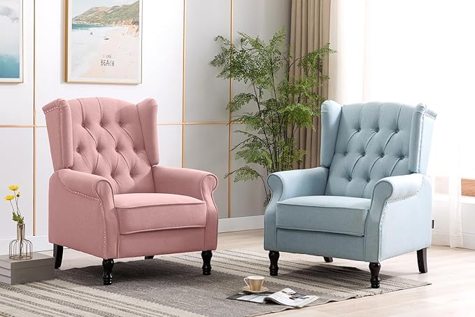 Artechworks Winged Fabric Modern Accent Chair Tufted Arm Club Chair Linen Single Sofa with Wooden Legs Comfy Upholstered for Reading Living Room Bedroom Office, Pink