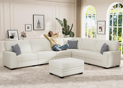 Wanderwell Oversized Modular Sectional Sofa, 7-Seater U Shaped Couches with Movable Ottoman,Corduroy Sectional Couch with Wide and Deep Seats Suitable for Living Room,Bedroom,Apartment (Cream, L-7)