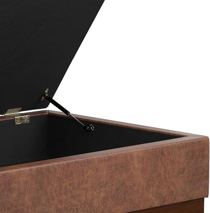 SIMPLIHOME Mariah 34 inch Wide Contemporary Rectangle Coffee Table Storage Ottoman in Distressed Saddle Brown Vegan Faux Leather, Assembled, For the Living Room, Entryway and Family Room