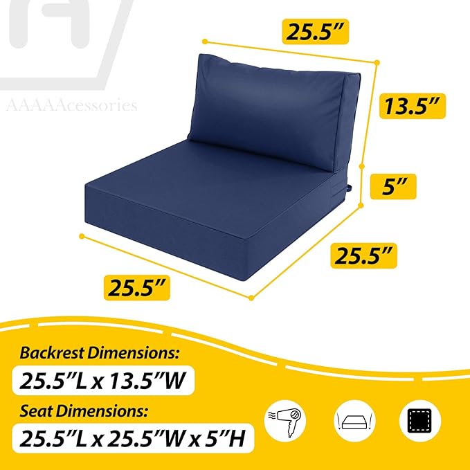 AAAAAcessories Outdoor Deep Seat Cushions, Waterproof, Fade-Resistant Patio Furniture Replacement Cushions, 25.5" x 25.5" x 5" + 25.5" x 13.5", Navy Blue