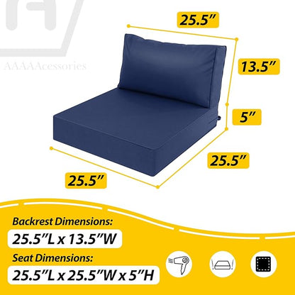AAAAAcessories Outdoor Deep Seat Cushions, Waterproof, Fade-Resistant Patio Furniture Replacement Cushions, 25.5" x 25.5" x 5" + 25.5" x 13.5", Navy Blue
