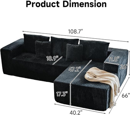 Upgrade 108’’ L Shape Cloud Couch, Plush Corduroy Sectional Sofa with Chaise, Boneless Couches for Living Room Bedroom, No Assembly Required (Black, Right Facing Chaise)