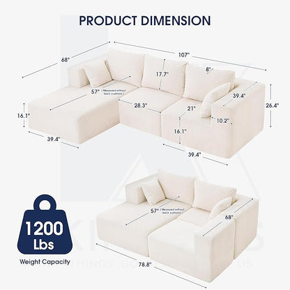 KINGYES 107'' Modular Sectional Sofa, L Shaped Cloud Couch for Living Room, Modern Boneless Sofa with Chaise for Bedroom, Beige