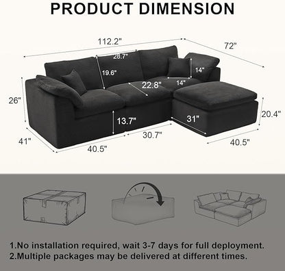 112" Cloud Sectional Couch, Boneless Couches for Living Room, L Shaped Couch with Convertible Ottoman, Modular Sectional Sofa with Deep Seat, Comfy Soft Cushions, No Assembly, Black