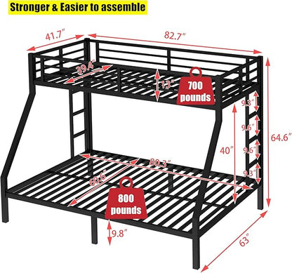 Higher Quality & Stronger Heavy Duty Steel Black Bunk Bed Twin XL Over Queen Size Bunkbed, Thickened More Stable Safer Metal Bunk Queen Bed (Easier to Assemble) (Twin XL Over Queen)