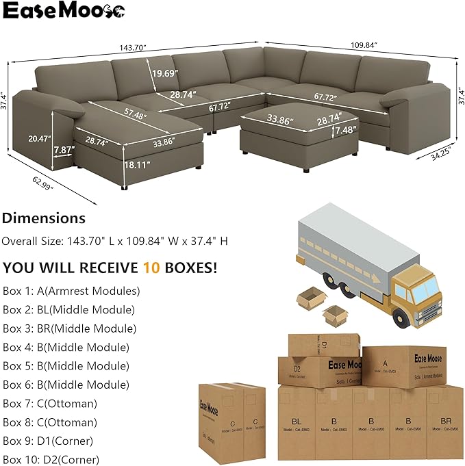 EASE MOOSE Modular Sectional Sofa, Oversized Faux Leather Sectional with Ottoman, Wide Deep Modular Couch, Scratch Resistant Faux Leather Material, U Shaped Couch for Big Spaces, Light Grey