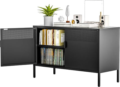 Black Wide Metal Locker Storage Cabinet, 2 Door Accent Cabinet for Home and Office, 2 Tier Low Metal Cabinet With Doors and Shelf, Multipurpose TV Stand