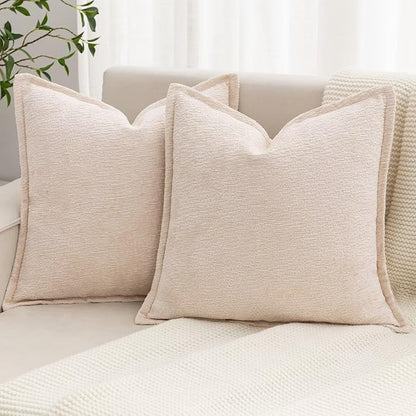 Beige Decorative Throw Pillow Covers 18x18 Inch Set of 2 Cozy Soild Chenille Cushion Cases Soft Textured Square Couch Pillows Cover Boho Accent Farmhouse Pillowcases for Sofa Bed