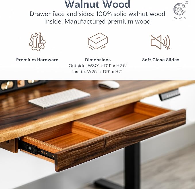 Wood Computer Desk with Drawer - 48x27 Solid Wood Desk, Live Edge Walnut Desk, Sturdy Metal Legs - Scratch and Stain Resistant Finish - Premium Quality