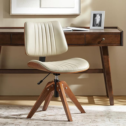 HULALA HOME Office Desk Chair with Solid Wood Legs, Adjustable Height & 360° Swivel, Comfy Bentwood Faux Leather Tufted Task Chair, Ivory