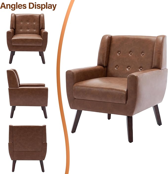 Lumibee Accent Chair, Modern Faux Leather Armchair for Living Room, Comfy Upholstered Arm Chair Tufted for Indoor Bedroom Office Room (P Coffee)