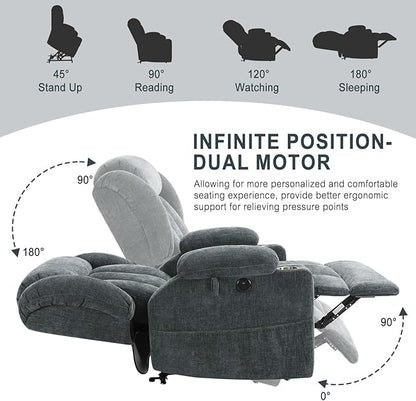 Dual Motor Power Lift Recliner Chair for Elderly, Heavy Duty Steel Chenille Fabric High-Density Sponge, USB & Type-C Port Blue Standing Assistance Reclining Chair with Massage and Heat