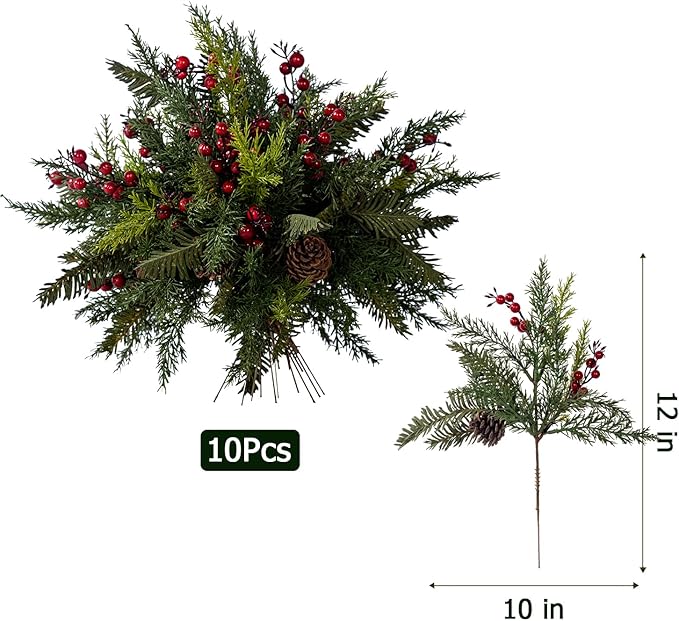10PCS Artificial Pine Branches with Red Berry Pine Cones Artificial Needles Branches Greenery Stems Fake Greenery Floral Arrangements