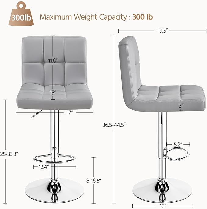 Yaheetech Bar Stools, PU Leather Adjustable Barstools, Modern Counter Stools with Back and Footrest, Counter Height Barstools for Bar, Kitchen, Dining Room, Light Gray