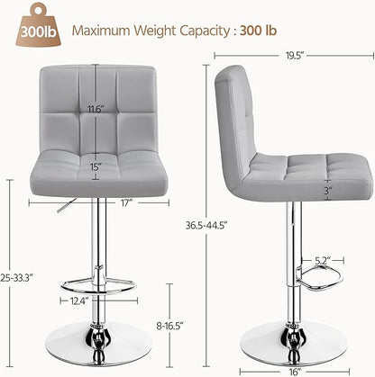 Yaheetech Bar Stools, PU Leather Adjustable Barstools, Modern Counter Stools with Back and Footrest, Counter Height Barstools for Bar, Kitchen, Dining Room, Light Gray