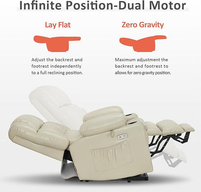MCombo Dual Motor Power Lift Recliner Chair for Elderly, Lay Flat Lift Chair with Heat and Massage, Cup Holders, USB Ports, Faux Leather 7890 (Cream White, Medium)