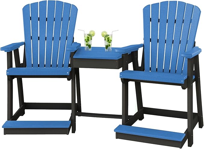DutchCrafters Plastic Poly Outdoor Bistro Set with 2 Chairs and Attached Center Table, 3 Piece Patio Furniture Set - Amish Made in USA (Black & Blue)